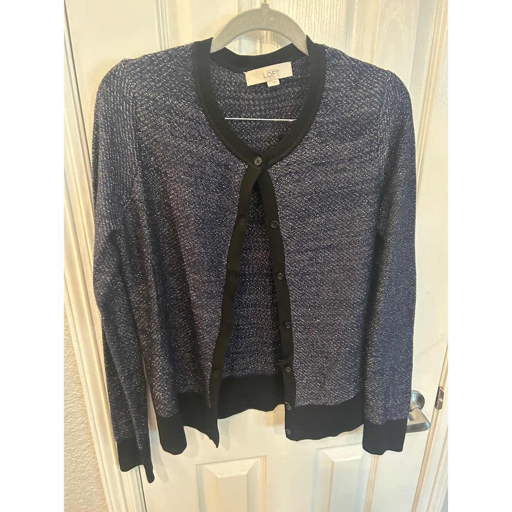 Loft Cardigan Navy Blue Silver Metallic Knit Button Up Shimmer Sweater